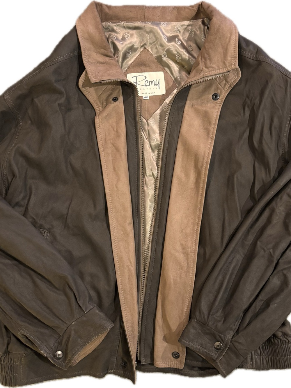 Remy Leather Bomber Jacket Brown Made in USA Size 46